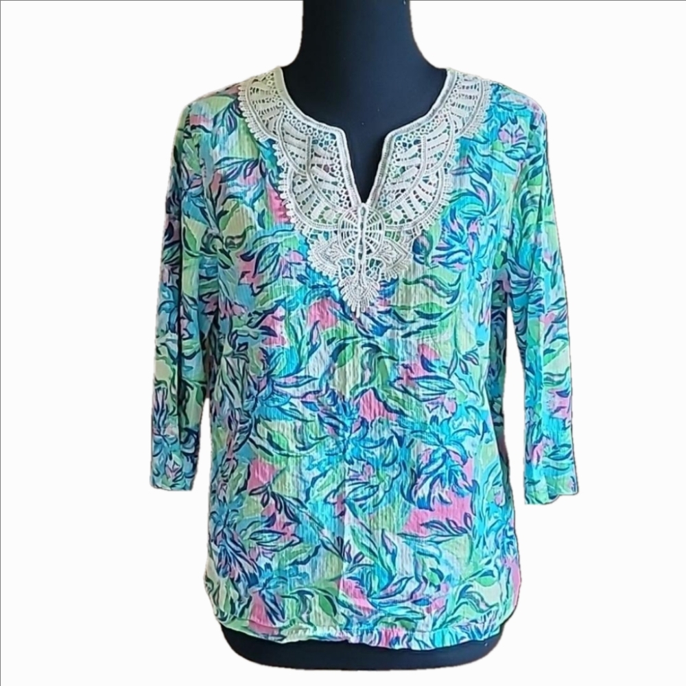Alfred Dunner blouse cotton lace trim neckline womens SP colorful festive